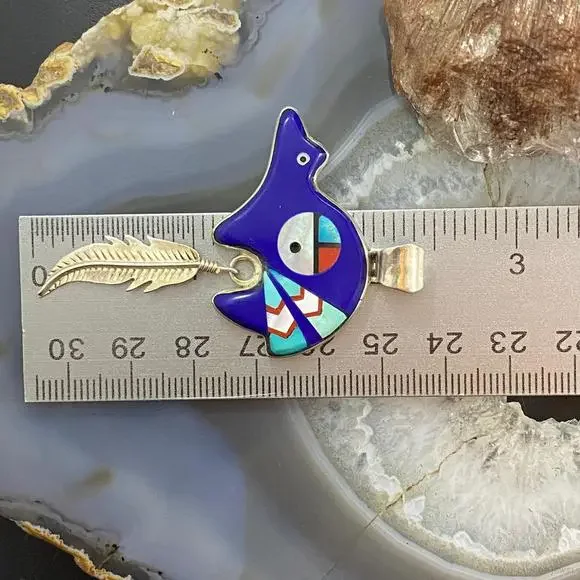 Native American Sterling Multistone Zuni Inlay Fetish Bear w/Feather Pendant - Picture 10 of 10